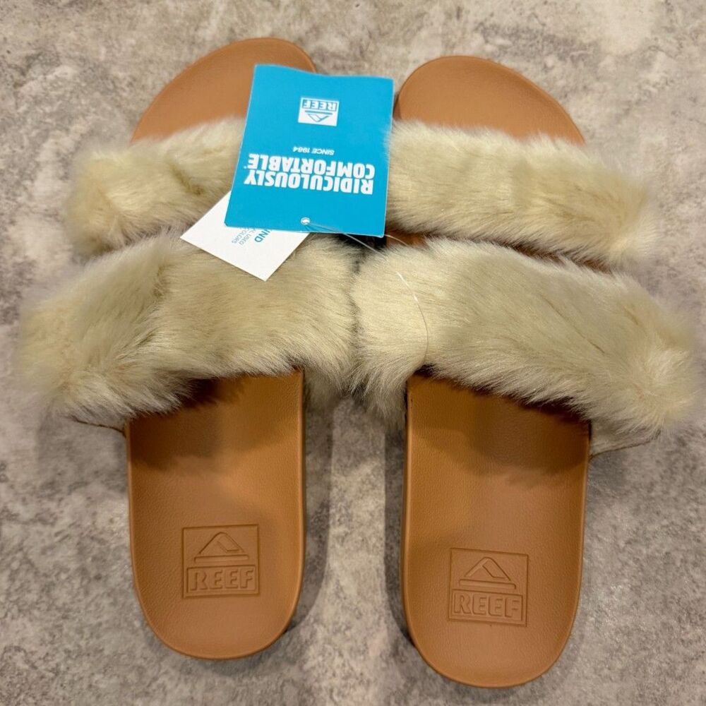 NWT REEF Cushion Vista Cozy Faux Fur Slide Sandals Sand Tan Women's Size 8
